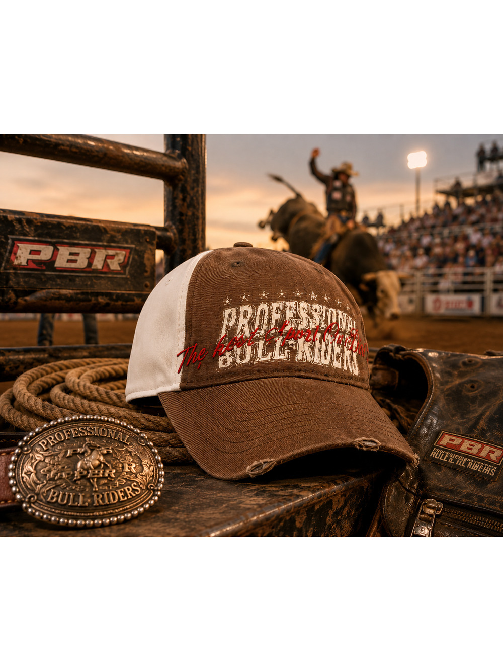 Vintage Y2K PBR Professional Bull Riders Distressed Fitted Cap Hat Sz M/L Brown